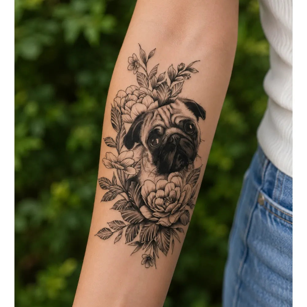 SafeTatt — Floral Pug · fotografie tetování na kůži