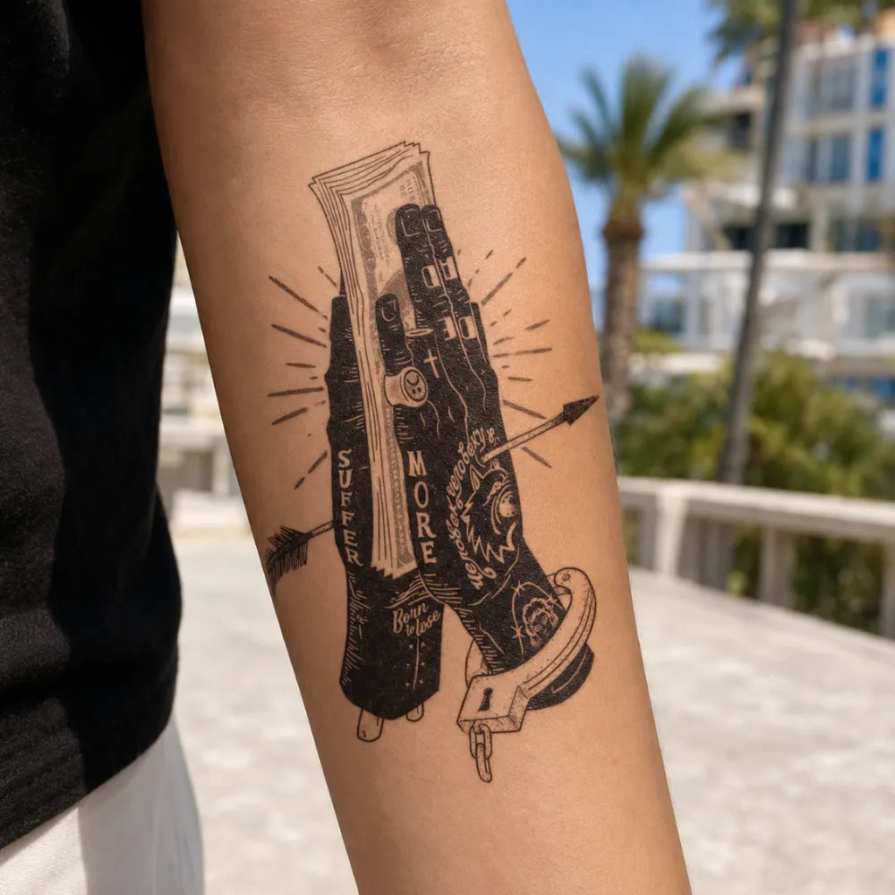 SafeTatt — Suffer More · fotografie tetování na kůži